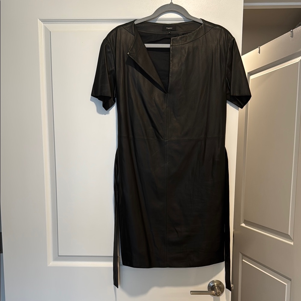 Theory Black Belted Leather Sheath Mini Dress